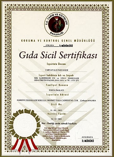 Gıda Sicil Sertifikası