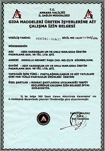 Gıda Üretim Çalışma Belgesi
